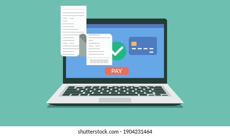 Laptop Computer With Electronic Receipt Or Financial Transaction, Online Payment Confirmation With Credit Card, Flat Vector Illustration