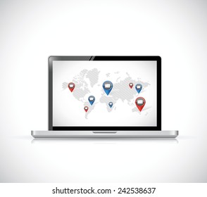 laptop computer email communication network illustration design over a white background