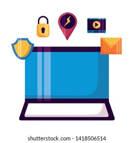 laptop computer email shield video security vector illustration