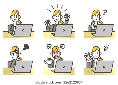 Laptop computer and emotional variations of a young female businessperson [Vector illustration].