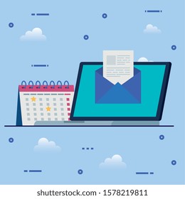 laptop computer with envelope and calendar reminder vector illustration design