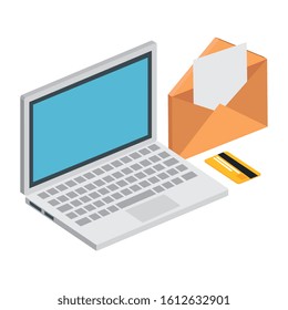 laptop computer with envelope and credit card vector illustration design