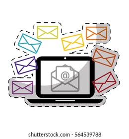 laptop computer with envelope icons around over white background. colorful design. vector illustration