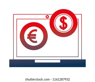 laptop computer with euro and dollar
