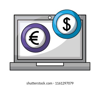 laptop computer with euro and dollar
