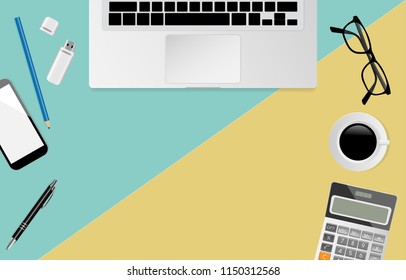Laptop computer with eyeglasses, pen, black metallic paper clips, calculator, coffee cup, USB Flash Drive, pencil and smartphone on green and yellow background with copy space. Vector illustration