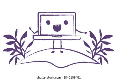 laptop computer in field kawaii character
