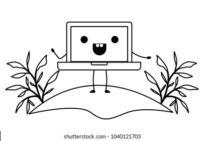 laptop computer in field kawaii character