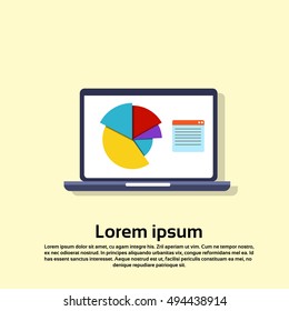 Laptop Computer With Financial Graph Pie Diagram Flat Vector Illustration
