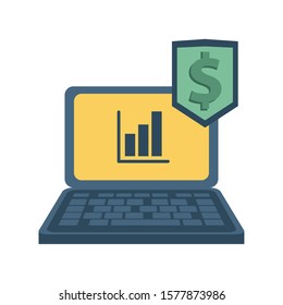 laptop computer with financial statistics and shield money vector illustration design