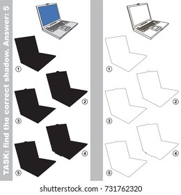 Laptop computer to find the correct shadow, the matching educational kid game to compare and connect objects and their true shadows, simple gaming level for preschool kids.