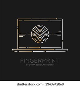 Laptop computer with Fingerprint dash line, Digital office concept design illustration gold and silver isolated on black background with copy space, vector eps10