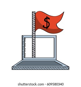 laptop computer with flag icon over white background. colorful design. vector illustration