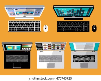 Laptop and computer flat lay Screen. Vector
