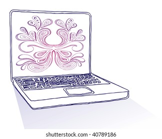 Laptop computer with floral design on screen.