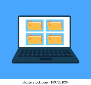Laptop Computer With Folder On Screen. File Organization Concept. Vector Flat Graphic Design Illustration