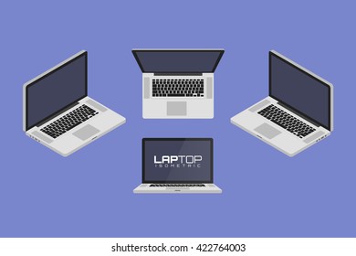 Laptop computer from four sides icon set vector graphic illustration. Isometric view of the front, back, right, left and top.