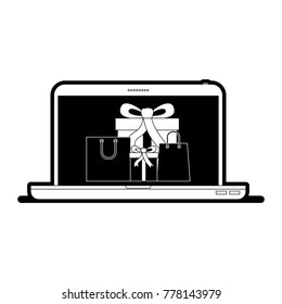 laptop computer front view with gift boxes and shopping bags in screen in black silhouette