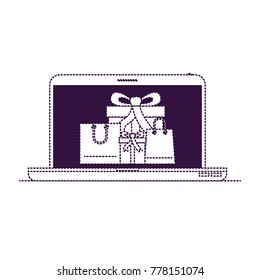 laptop computer front view with gift boxes and shopping bags in screen in purple dotted silhouette