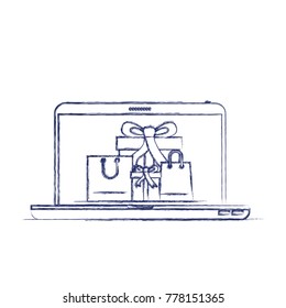 laptop computer front view with gift boxes and shopping bags in screen in dark blue blurred silhouette