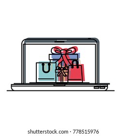laptop computer front view with gift boxes and shopping bags in screen in watercolor silhouette