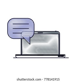 laptop computer front view with speech dialogue in colored crayon silhouette
