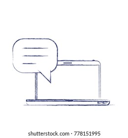 laptop computer front view with speech dialogue in dark blue blurred silhouette