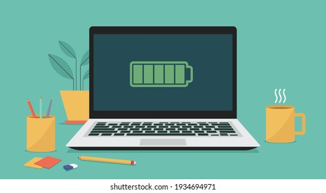 Laptop computer with full battery icon on screen, flat vector illustration