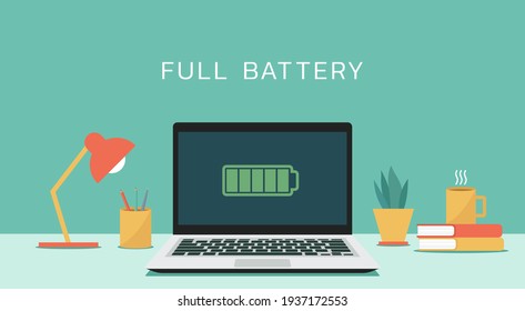 Laptop Computer With Full Battery Icon On Screen Concept, Flat Design Vector Illustration