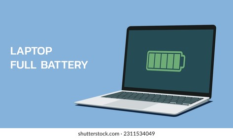 laptop computer with full battery icon on the screen, flat vector illustration