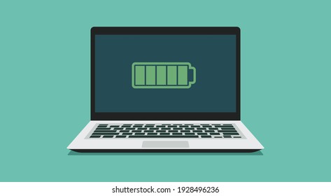 Laptop computer with full battery sign on screen, flat vector illustration