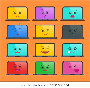 Laptop computer funny emoticons isolated set. Digital device emoji symbols. Social communication and chatting. Animated notebook vector elements. Computer monitor with different facial expressions.