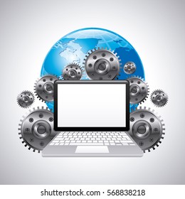 laptop computer with gears around over earth planet and white background. colorful design. vector illustration