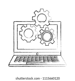 laptop computer with gears machine isolated icon