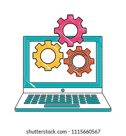 laptop computer with gears machine isolated icon