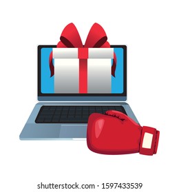 laptop computer with gift box and boxing glove over white background, colorful design, vector illustration