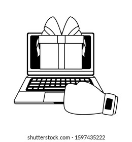 laptop computer with gift box and boxing glove over white background, flat design, vector illustration