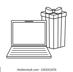 laptop computer with gift box isolated icon
