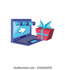 laptop computer with gift box and parasol