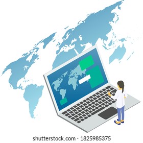 Laptop computer with global map vector illustration