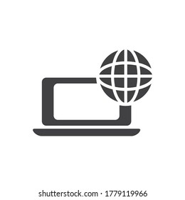 computadora portátil con icono de esfera global sobre fondo blanco, estilo de silueta, ilustración vectorial