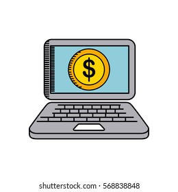 laptop computer with gold coin icon over white background. colorful design. vector illustration