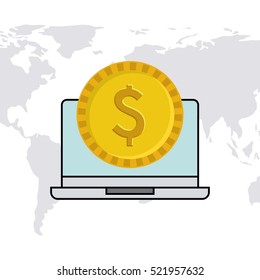 laptop computer with gold coin on screen over world map background. vector illustration