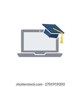 A laptop computer with a graduation cap resting on the screen, symbolizing online education.
