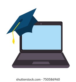 laptop computer with graduation hat
