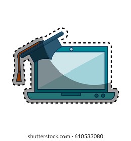 laptop computer with graduation hat isolated icon