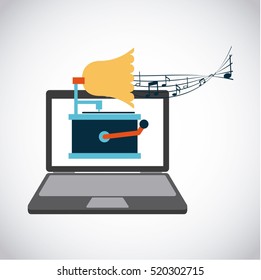laptop computer with gramophone icon on screen over white background. colorful design. vector illustration