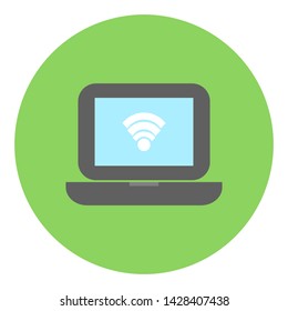laptop computer in green circle with white wireless internet wifi symbol on blue screen isolated on white background
