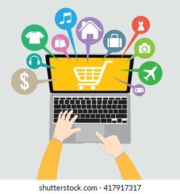 Laptop Computer and hand with basket online shop, e-commerce concept vector