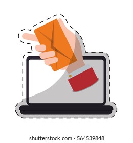 laptop computer with hand with envelope icon over white background. colorful design. vector illustration